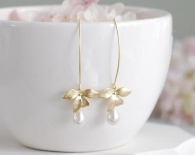 #ad Anthropologie Wedding Earrings Leaf Pearl Bowknot Drop Dangle Gold Plated New $25.91