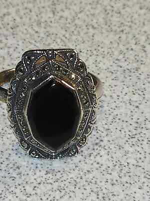 #ad Black Onyx and Marcasite Sterling Silver Ring German Import Size 8 1980 $119.99
