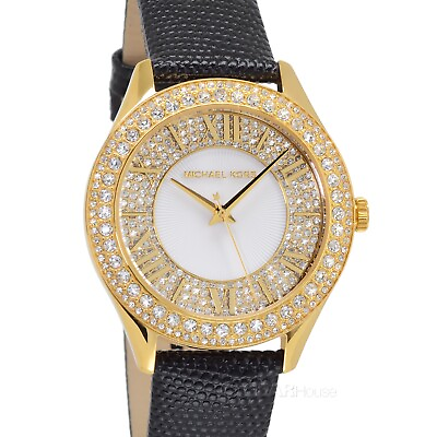 #ad Michael Kors Harlowe Womens Pave Glitz Watch Gold White Dial Black Leather Band $112.80