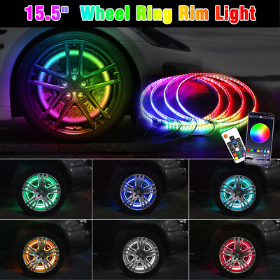 #ad 15.5quot; LED Wheel Ring Rim Lights RGB Color Chasing Turn Signal IP68 Bluetooth 12V $76.99