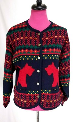 #ad Vintage Tally Ho Christmas Cardigan Sweater Size L Womens Red Blue Scotty Dog $23.50