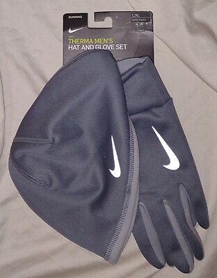 #ad Nike Therma Hat amp; Gloves Set Reflective Running Workout Mens Grey Gift $32.99