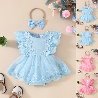 #ad Newborn Baby Girls Lace Ruffle Floral Bodysuit Romper Headband Outfit Clothes $16.52