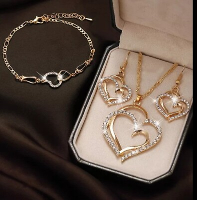 Crystal Heart Jewelry Set with Necklace Bracelet Earrings Valentine#x27;s Gift 96 1 $15.95