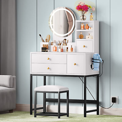 #ad 4 Drawers Vanity Table Set Makeup Dressing Table Desk with LED Mirror and Stool $153.99