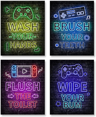 #ad Neon Video Game Decor Set of 4 8quot;X10quot; Boys Room Decorations for Bathroom Funn $9.99
