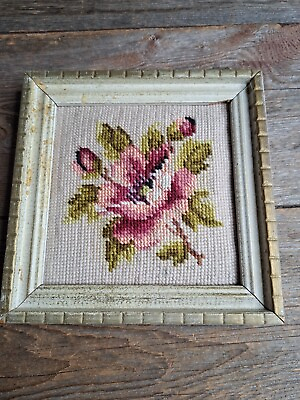 #ad Vintage Floral Woven Needlepoint Framed Handmade $12.99