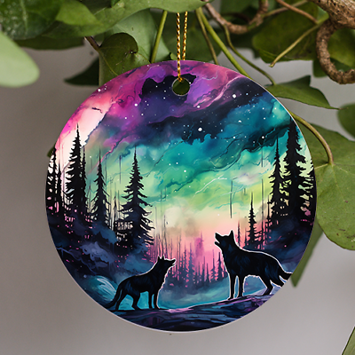 #ad Northern Lights Animals Wolf Holiday Christmas Gift Christmas Ornament $14.99