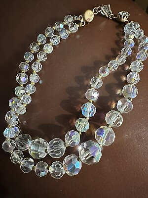 #ad Aurora Borealis Beaded Choker Necklace Double Strand Clasp Japan Vintage 1950’s $29.99
