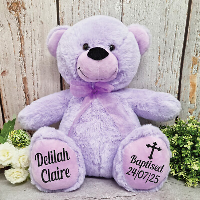 #ad Baptism Christening Personalised Teddy Bear 40cm lavender Gift from Godparent AU $74.00