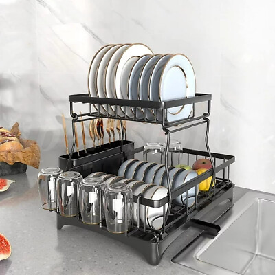 #ad Kitchen Steel Over Sink Dish Drying Rack with Cutlery Holder Drainer Organizer $27.99