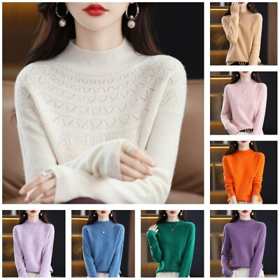 #ad Woman Slim Knitted Sweater Mock Neck Jumper Hollow Pullover Bottoming Blouse GBP 13.99