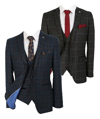 #ad Mens Check Tweed Suit Retro Wedding Beige Navy Blue Charcoal Grey Set GBP 149.99