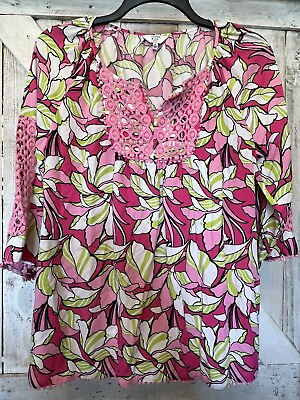 #ad Crown amp; Ivy Women’s 3 4 Sleeve Pink Multicolor Floral Tunic Top Rayon Size PL $13.99