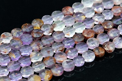 #ad 6 7MM Amethyst Cacoxenite Inclusions Quartz Faceted Flat Round AAA Natural Beads $7.39
