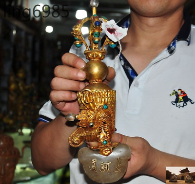 #ad Old Tibet 24K Gold inlay Turquoise Crystal Dragon Head Faqi Phurba Dagger Holder $924.00
