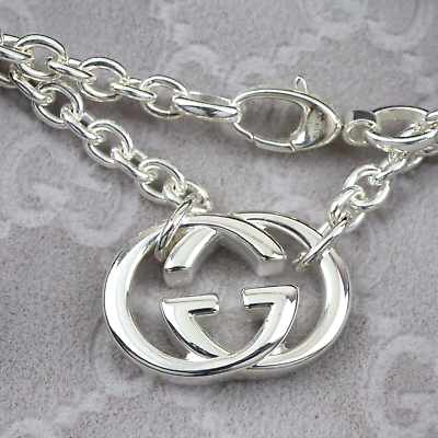 #ad GUCCI GG Interlocking Logo Pendant Necklace 17.5quot; Silver Ag925 w Box $200.00