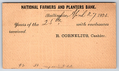 #ad c1874 Natl Farmers amp; Planters Bank Baltimore MD Maryland Statement Postal Card $9.88