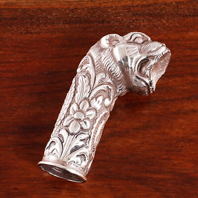 #ad EXOTIC ASIAN SOLID SILVER CANE HANDLE ORNATE HAND CHASED REPOUSSE TIGER $314.50