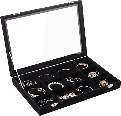 #ad Jewelry Tray 12 Grid Velvet Jewelry Organizer Storage Box with Clear Lid Drawer $32.49