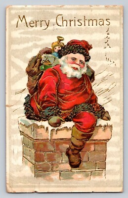 #ad c1910 Santa Claus Chimney Toys Gilt Embossed Germany Christmas P220 $27.99