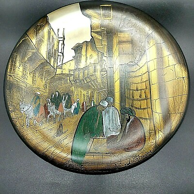 #ad Vintage Hand Painted Brass Hanging Plate India Scene With Men amp; Buildings $16.50