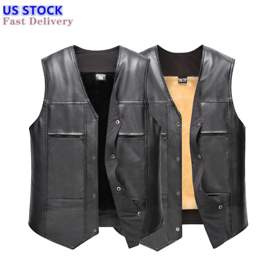 #ad Mens PU Vest Black Leather Vest Warm Biker Motorcycle Waistcoat Autumn Winter $15.33