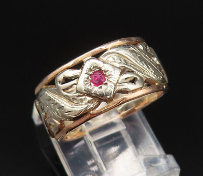 #ad 14K GOLD Vintage Two Tone Antique Ruby Floral Vine Band Ring Sz 6 GR521 $392.19