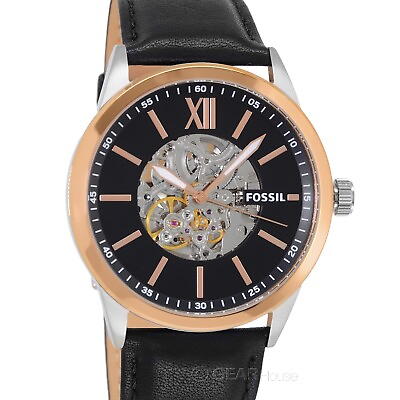 #ad FOSSIL Mens Flynn 21 Jewel Automatic Watch Black Rose Gold Dial Leather Band $90.68