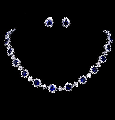 #ad 18k White Gold Plated Necklace Earrings Set made w Swarovski Crystal Blue Stone $159.00
