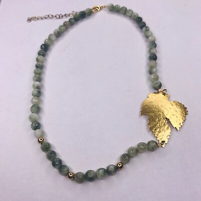 #ad Green marbled Quartz Necklace Gold Tone Leaf Pendant Adjustable length $19.79