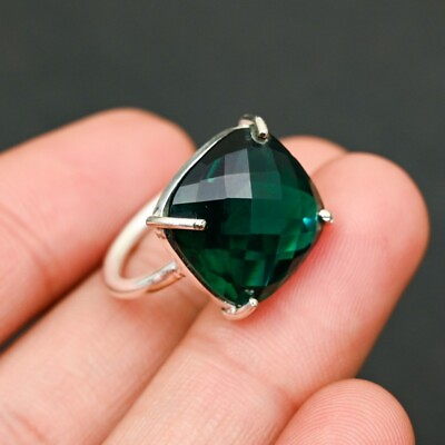 #ad Solid 925 Sterling Silver Natural Emerald Cushion Cut Handmade Ring H1045 $12.99
