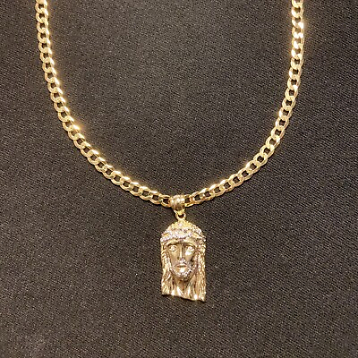 #ad Men’s Gold Chain Cuban 20in 4mm And Jesus Piece .925 Italy $64.99