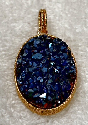 #ad 14Kt Blue Druzy 2 Sided Pendant 2quot; Drop Stone Back Roped design Gold Sides $450.00