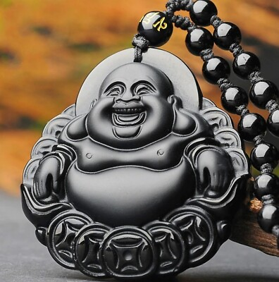 #ad Beaded Chain Necklace Happy Buddha Face Design Black Jade Color Pendant Bead $9.88