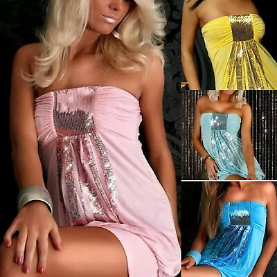 #ad STRAPLESS MINI DRESS TUNIC COVER UP SEQUIN DETAIL XS S M $14.00