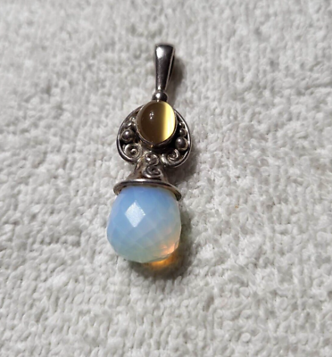 #ad Beautiful Signed Sajen 925 Sterling Pendant w Opalite amp; Amber Stone Color $78.99
