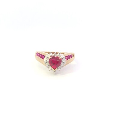 #ad 10K Heart Lab Created Ruby Diamond Halo Vintage Love Ring Yellow Gold *36 $219.95