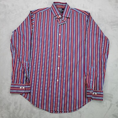 #ad Ralph Lauren Shirt Men Medium Blue Red Cotton Stripe Button Dress Casual Adult $17.38