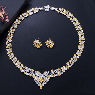 #ad CWWZircons CZ Yellow Statement Wedding Necklace Earring Jewelry Sets for Women $28.60