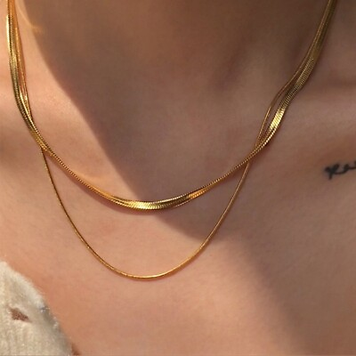 ins Woman 18K Gold Plated Stainless Steel 2 Layers Snake Chains Necklaces $12.05