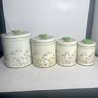 #ad Vintage Metal Cannisters Flowers Matching Set Of 4 Various Sizes $24.99