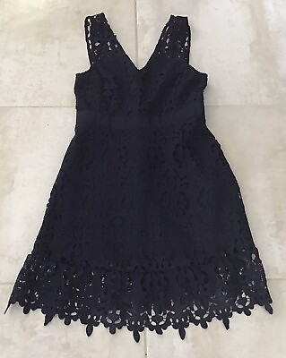 #ad BANANA REPUBLIC 10P Petite Navy Dress Embroidered Lace Overlay A Line V Neck $24.00