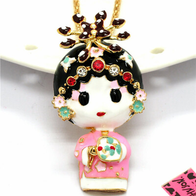 #ad New Fashion Women Pink Lovely Crystal Enamel Peking Opera Doll Pendant Necklace $3.95
