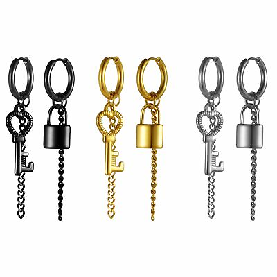 #ad 2 6pcs Lock Key Charm Dangle Hoop Huggie Earrings for Men Women Stainless Steel $8.99