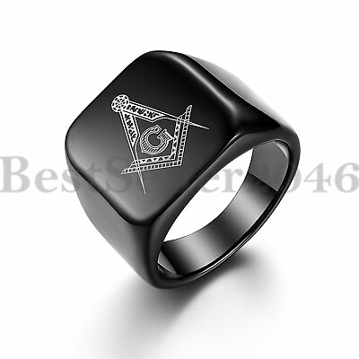 #ad Mens Freemason Signet Masonic Biker Ring Black Stainless Steel Band Size 7 13 $9.99