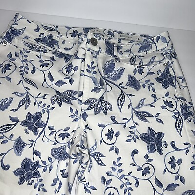 #ad J Jill Cropped Pants Athletic Fit 10P White Blue Flower Print Foldable Cuff $19.90