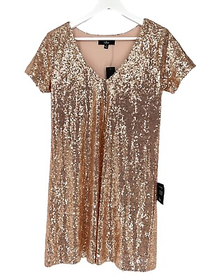 #ad Lulu#x27;s Sequin Shift Dress Size Small Gold Pullover Short Sleeve V Neck Party NWT $42.95