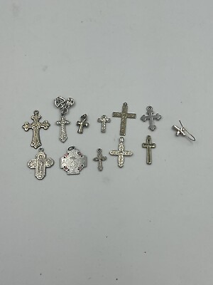 #ad Lot Of 12 Catholic Crosses Crucifix Necklace Pendant Mixed Metal Silver $14.95
