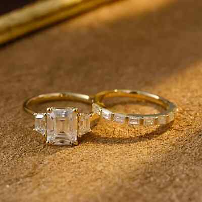 #ad 2.50Ct Emerald Cut VVS1 Moissanite Wedding Bridal Set Ring Solid 14K Yellow Gold $432.07